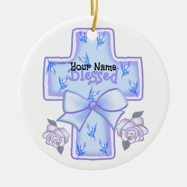 Blaues Christliches Kreuz Keramik Ornament (Vorne)