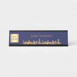 Blaues City-Skyline-Firmenlogo Anwesen Schreibtischnamensplakette