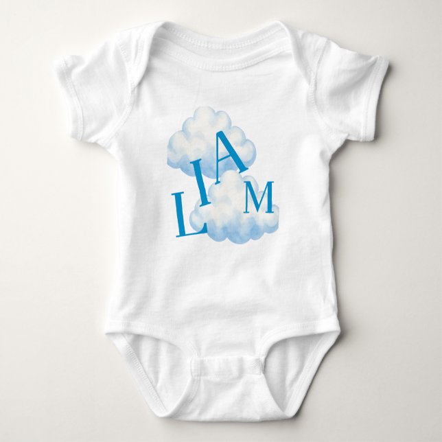 Blaues Cloud Monogramm Baby Bodysuit Strampler (Vorderseite)