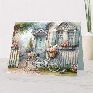 Blaues Cottage-Fahrrad mit Frühlingsblumenkorb Karte