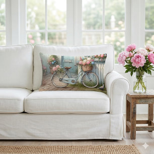 Blaues Cottage-Fahrrad mit Frühlingsblumenkorb Lendenkissen