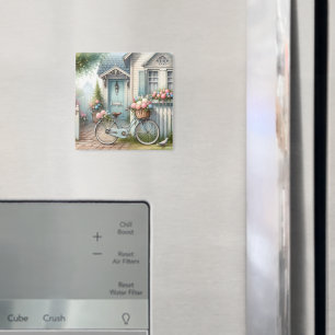 Blaues Cottage-Fahrrad mit Frühlingsblumenkorb Magnet