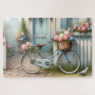 Blaues Cottage-Fahrrad mit Frühlingsblumenkorb Puzzle