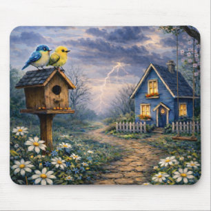 Blaues Cottage-Vogelhaus-Sturm-Mauspad Mousepad