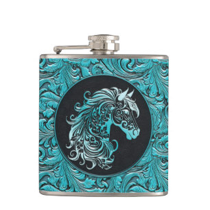Blaues Cowgirl mit Blumenmotiven aus Leder Flachmann
