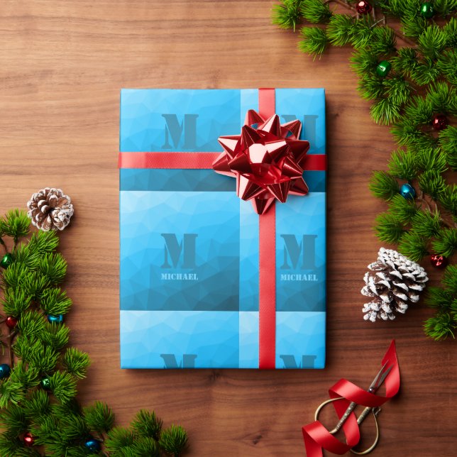 Blaues cyan geometrisches Maschenmuster Monogram Geschenkpapier (Feiertagsgeschenk)