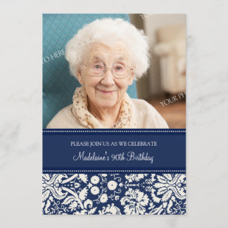 Blaues Damast-Foto-90. Geburtstags-Party Einladung