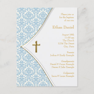 Blaues Damast Kreuz Jungen Taufe Christening Einladung