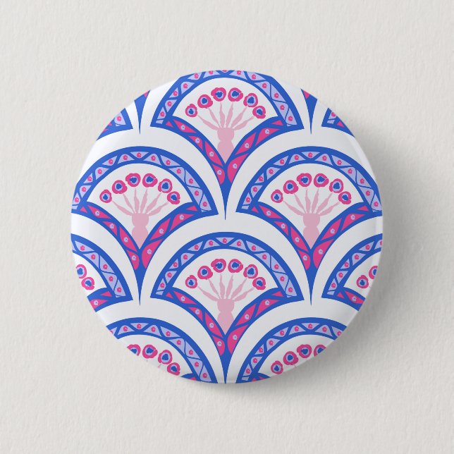 Blaues Damastmuster Button (Vorderseite)