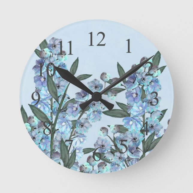Blaues Delphinium Runde Wanduhr (Vorderseite)
