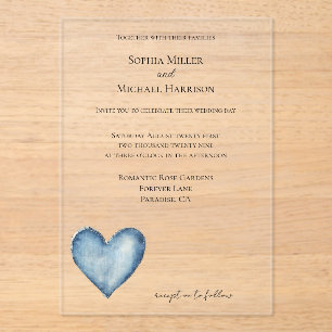 Blaues Denim-Jean-Herz-Hochzeit Acryleinladungen