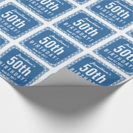 BLAUES DIAGONALES KARIERTES 50. Geburtstags-Party Geschenkpapier