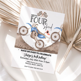 Blaues Dirt Bike 4. Geburtstag Braucht VIER Geschw Einladung