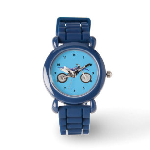 Blaues Dirtbike trägt Kinderjungen-Motorrad zur Armbanduhr