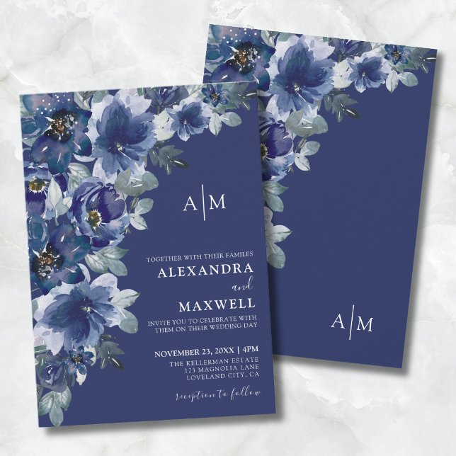 Blaues dunkles Elegantes Modernes Blumenhochzeit Einladung (Navy Blue Dark Elegant Modern Floral Wedding Invitation)