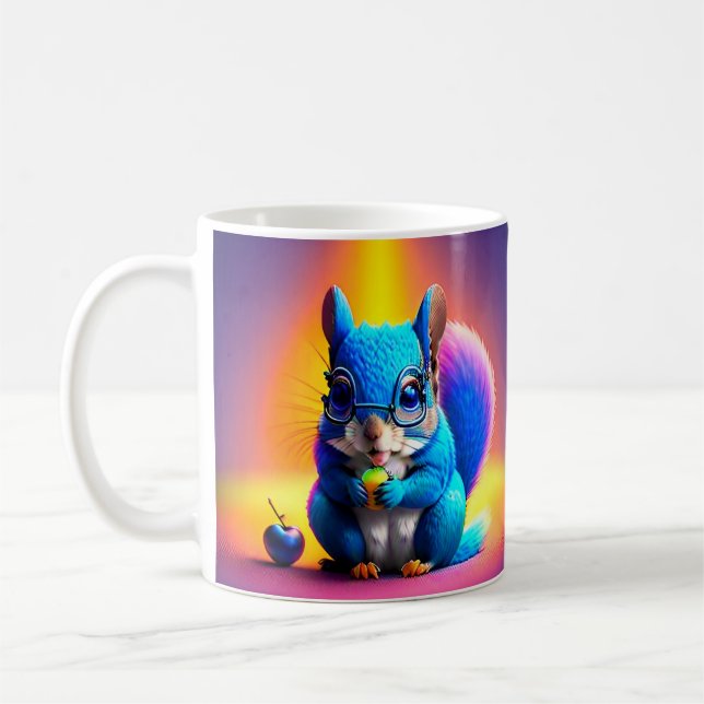 Blaues Eichhörnchen, das Obst isst Kaffeetasse (Links)