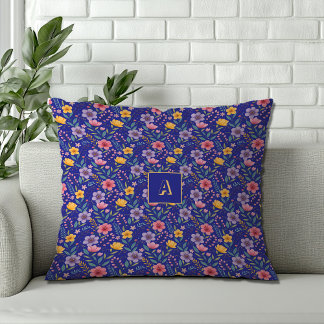 Blaues einfaches Wildblumenmuster-Monogramm Kissen