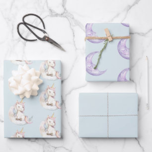 Blaues Einhorn auf Wolken-Geburtstag Geschenkpapier Set