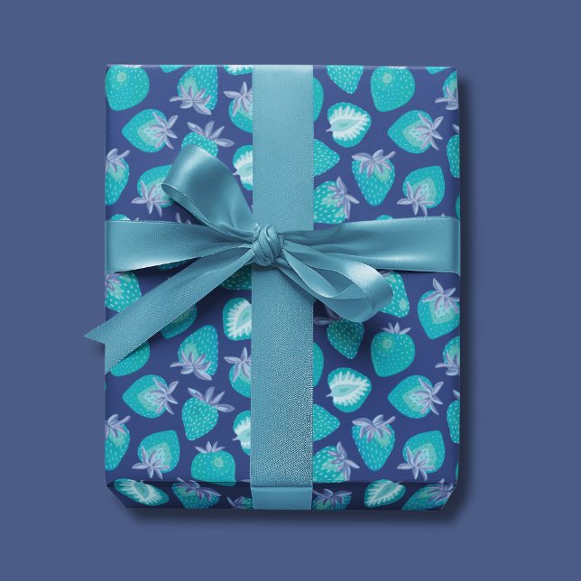 Blaues Erdbeermuster Geschenkpapier Set (Cute blue strawberry summer fruit wrapping paper, ideal for birthdays gift wrap.)
