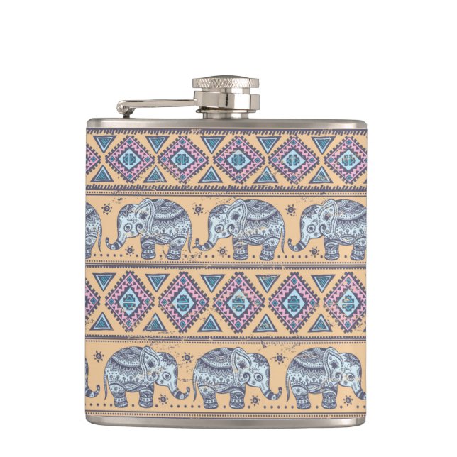 Blaues ethnisches Elefant-Stammmuster Flachmann (Vorderseite)