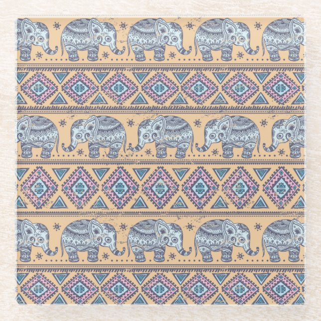 Blaues ethnisches Elefant-Stammmuster Glasuntersetzer (Vorderseite)