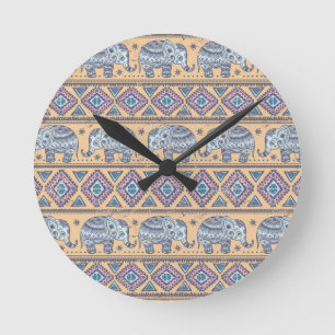 Blaues ethnisches Elefanten-Stammesmuster Runde Wanduhr