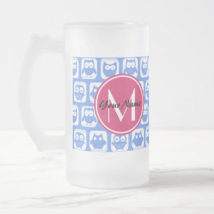 Blaues Eukalyptomuster Rosa Angepasstes Monogramm Mattglas Bierglas
