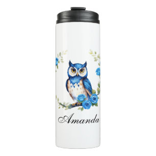 Blaues Eule und Rose Girl Thermosbecher