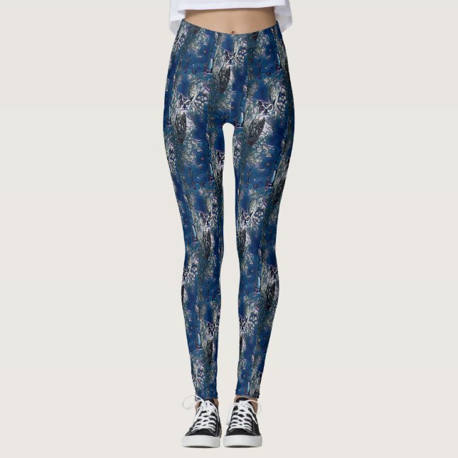 Blaues Eulen-und Trauben-Muster Leggings (Vorderseite)