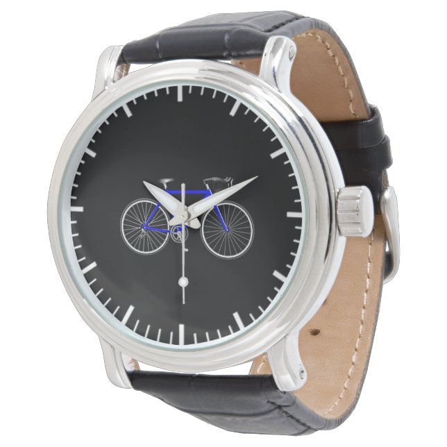 Blaues Fahrrad auf schwarz Armbanduhr (Schrägansicht)