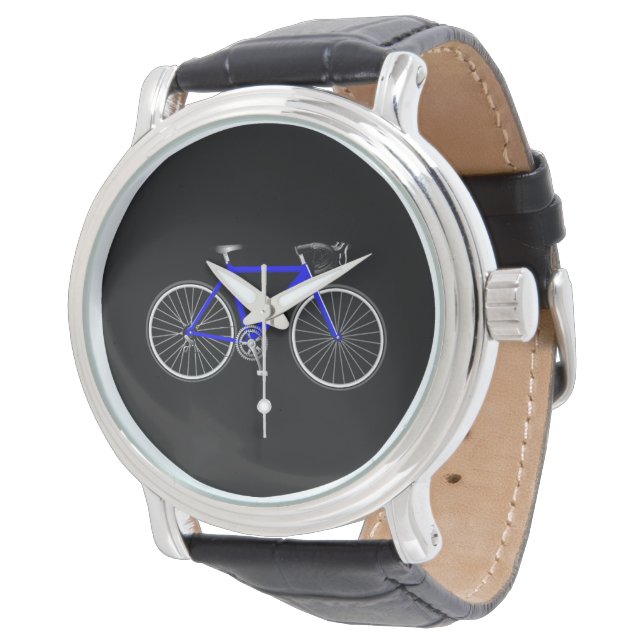 Blaues Fahrrad auf schwarz Armbanduhr (Schrägansicht)