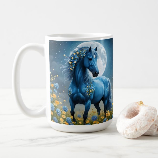 Blaues Fantasy-Magisches-Pferd-Mond-Blumen, Kaffeetasse (Mit Donut)