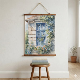 Blaues Fenster Steinmauer Cottage Reben Wandteppich Mit Holzrahmen