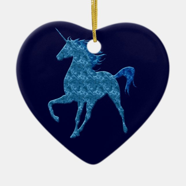 Blaues Feuer Einhorn Herzdekoration Keramik Ornament (Vorne)