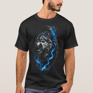 Blaues Feuerwolf-T-Shirt | Fantasy-Wolf-Grafik-Tee T-Shirt