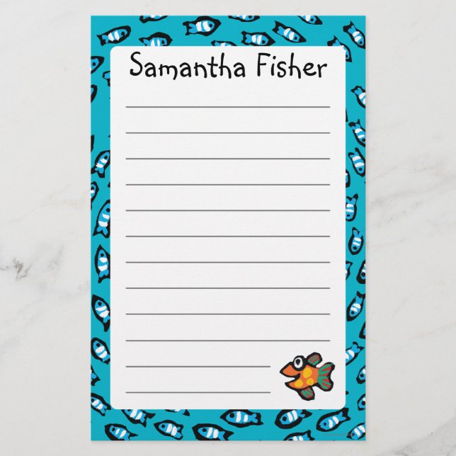Blaues Fisch-Schulmuster mit kleinen orange Briefpapier (Vorderseite)