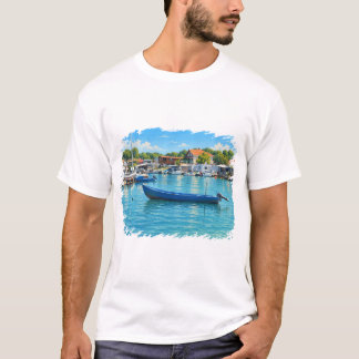 Blaues Fischerboot Hafen am Meer Herren T-Shirt