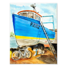 Blaues Fischerboot Hafen Line und Wash