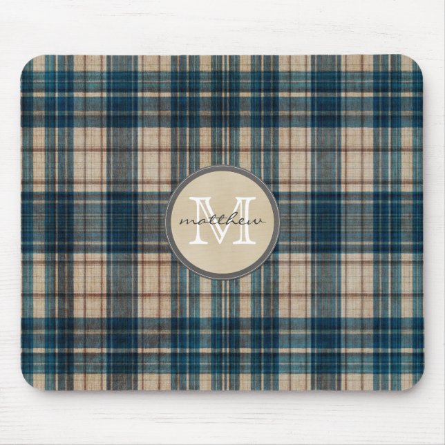 Blaues Flanell-Hintergrund-Monogramm Mousepad (Vorne)