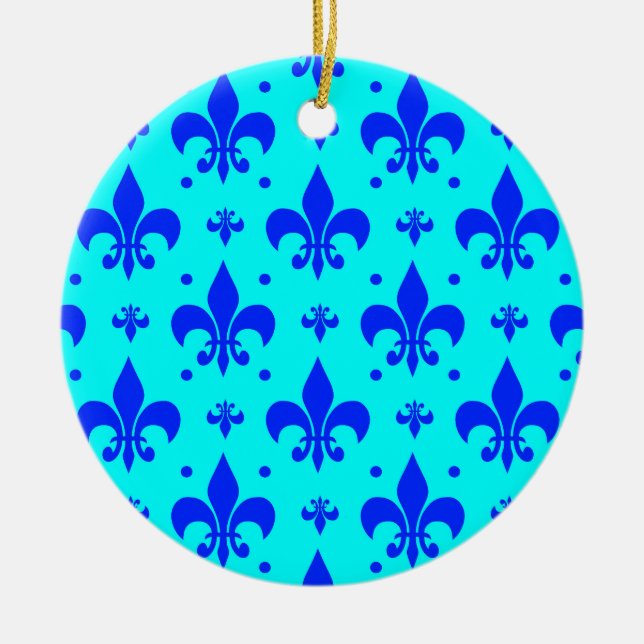 Blaues Fleur-de-lis-Muster Keramik Ornament (Vorne)