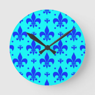 Blaues Fleur-de-lis-Muster Runde Wanduhr
