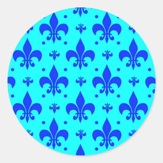 Blaues Fleur-de-lis-Muster Runder Aufkleber (Vorderseite)