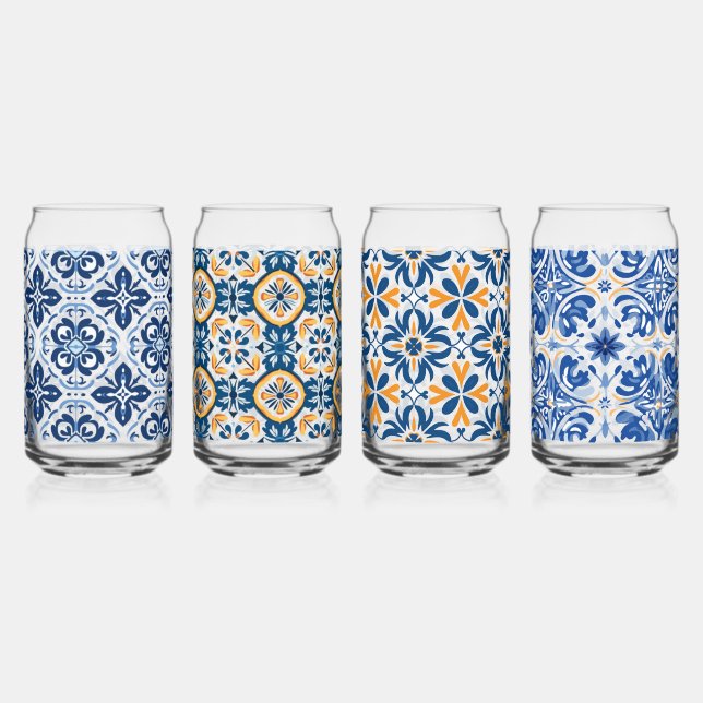 Blaues Fliesen mediterranes Picknick Glas (Vorderseite)