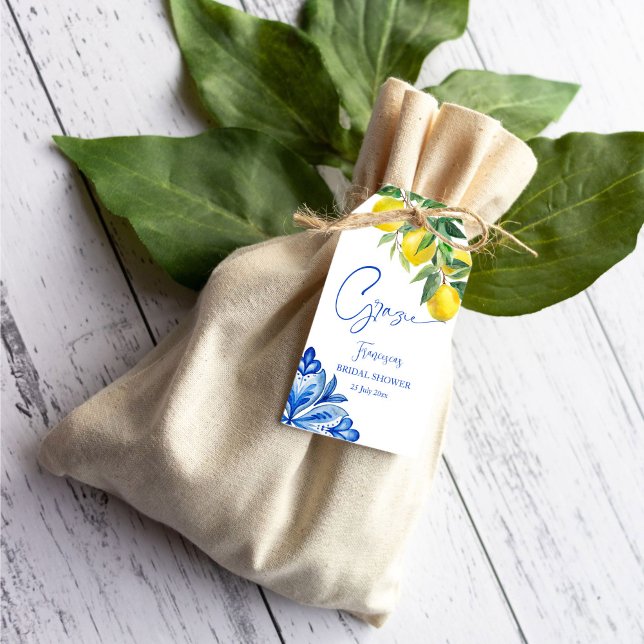 Blaues Fliesen Zitronen Italienisches Brautparty b Geschenkanhänger (Blue tiles lemons vintage Italian bridal shower thank you favor Gift Tags personalized favor tags)