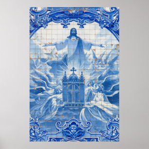 Blaues Fliesenmosaik von Jesus, Portugal Poster