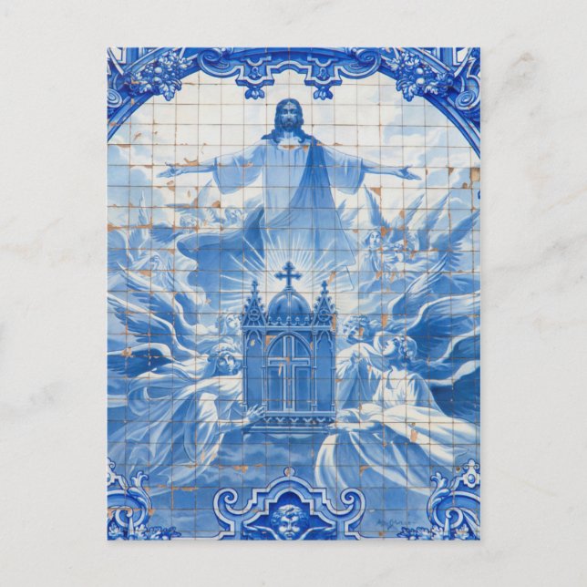 Blaues Fliesenmosaik von Jesus, Portugal Postkarte (Vorderseite)