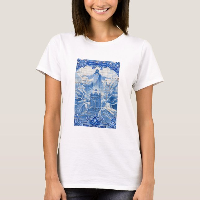 Blaues Fliesenmosaik von Jesus, Portugal T-Shirt (Vorderseite)