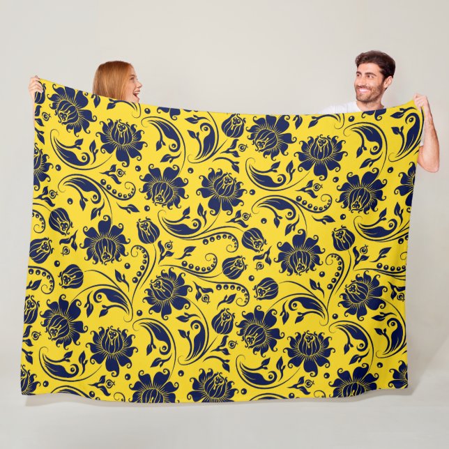 Blaues Floral Damask Muster auf Gelb Fleecedecke (Beispiel)