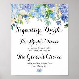 Blaues Floral Hydrangea Signature Drink Sign Poster