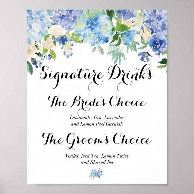 Blaues Floral Hydrangea Signature Drink Sign Poster (Vorne)